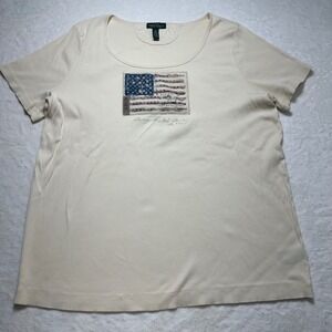 Lauren Ralph Lauren Embroidered American Flag Retro Cream T-Shirt Womens Size 1X